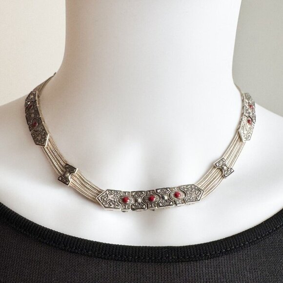 Vintage Solid Silver Green Roman Style Necklace - Picture 1 of 10